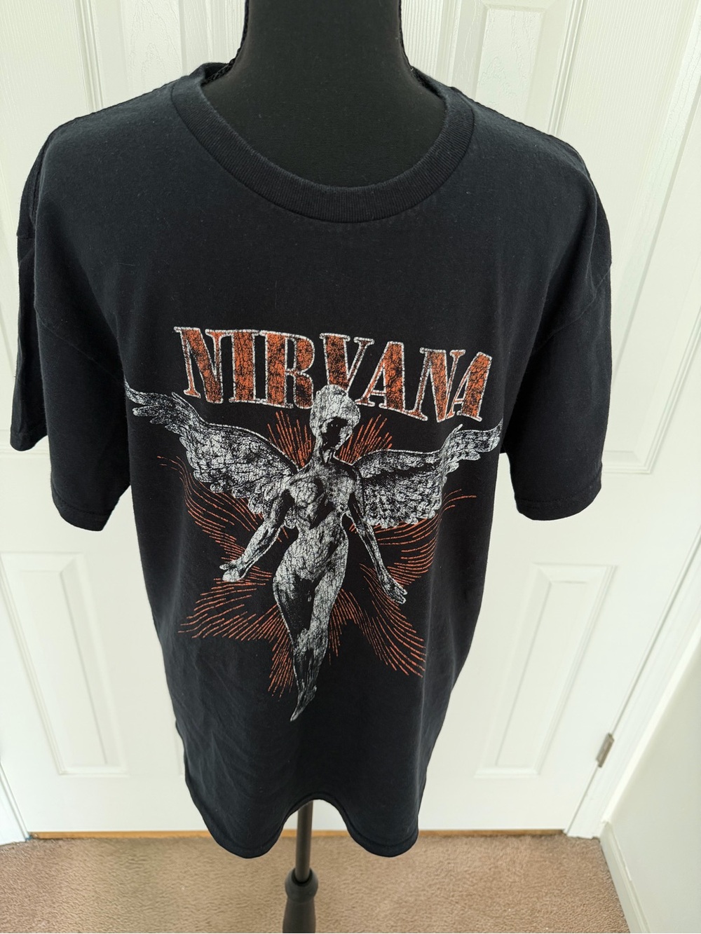 NIRVANA Black Tee with Orange & White Angel Design. Size large